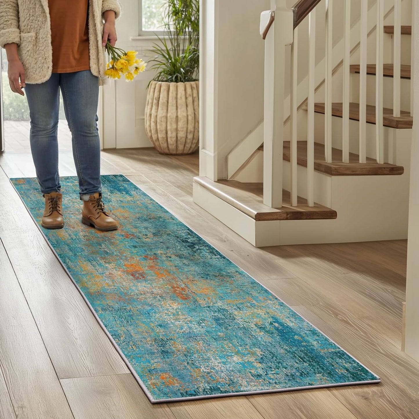 Washable Area Rugs 2'x6' Non-Slip Modern Abstract Soft for Living Room Entryway Bedroom Nursery, Print Pattern, Teal Blue Green Orange Rust Red Colorful