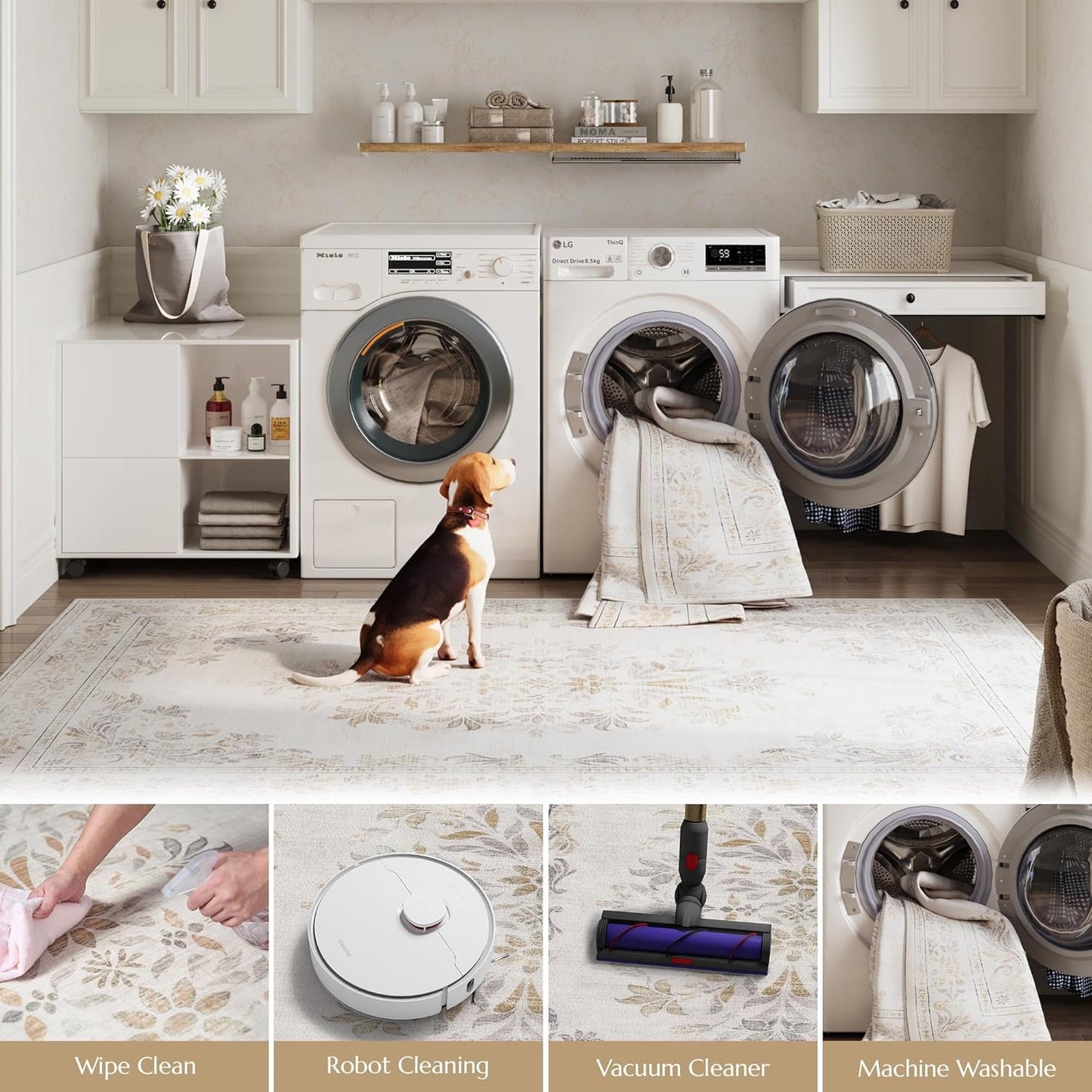 jinchan Vintage Floral 6x9 Area Rugs for Living Room - Machine Washable Distressed Design Soft Throw Rug Ultra-Thin Non-Slip Large Carpet for Bedroom Nursery Dining Room Home Office (6x9ft,Light Grey)