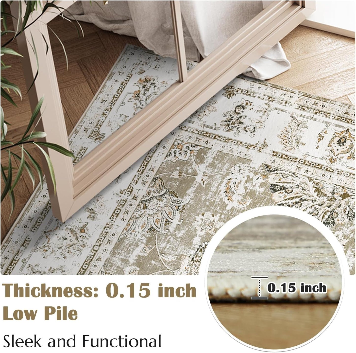 jinchan Vintage Floral 5x7 Area Rugs for Bedroom - Machine Washable Distressed Design Stain Resistant Boho Carpet Ultra-Thin Low Pile Non-Slip Rug for Living Room Dining Room Kitchen (5‘x7',Taupe)