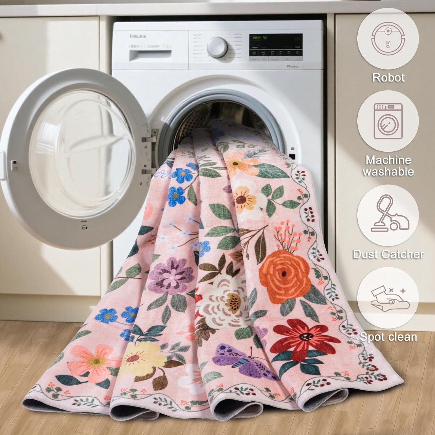 6x9 Area Rugs for Living Room: Floral Washable Rug Vintage Large Soft Boho Non-Slip Carpet Indoor Floor Stain Resistant Thin Carpets for Bedroom Dining Room Farmhouse Nursery Hallway Home Office Beige