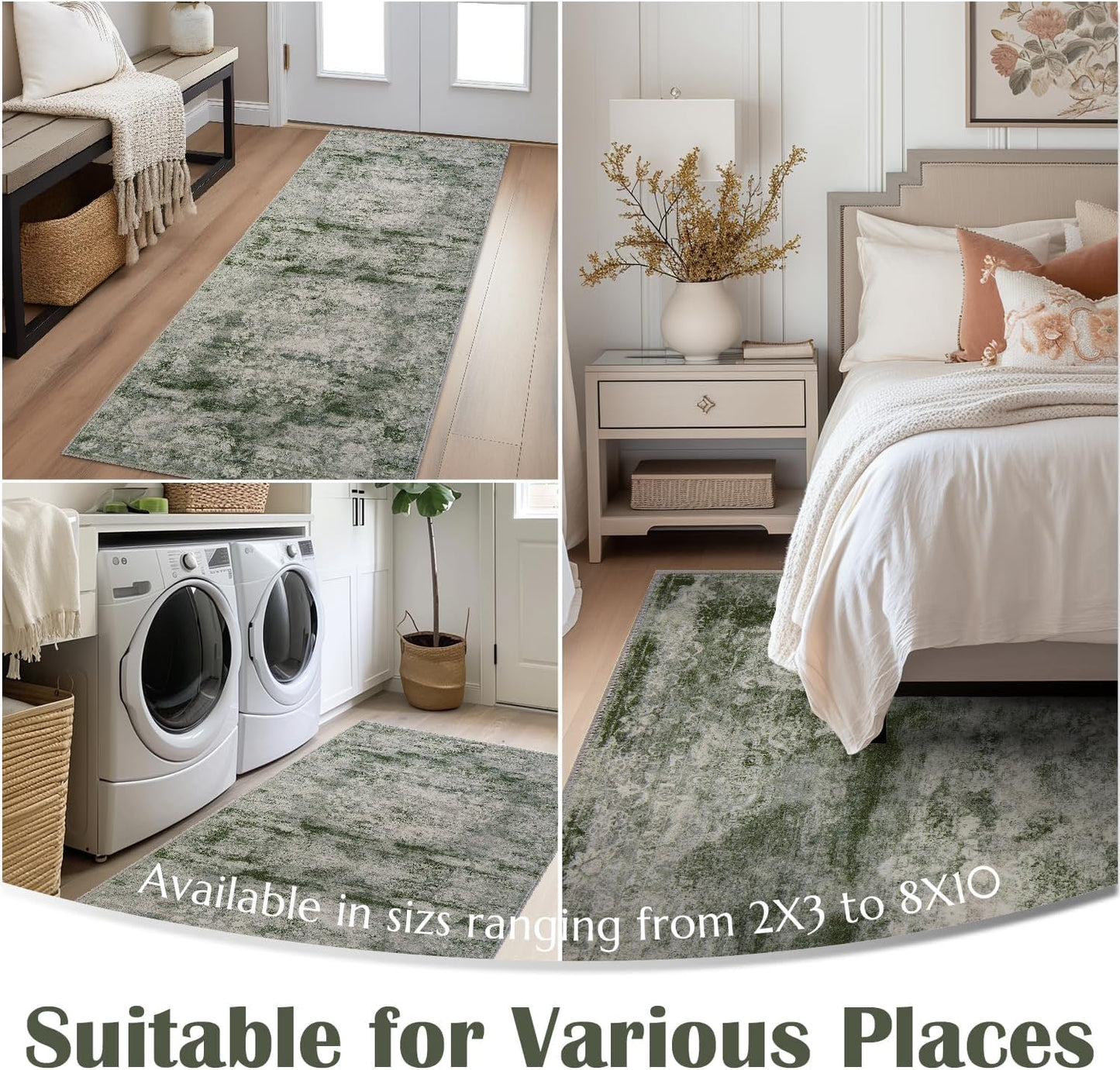 jinchan Green Floral 2x3 Rugs for Entryway - Vintage Washable Area Rug Ultra-Thin Low-Pile Soft Small Non-Slip Distressed Doormat for Entrance Kitchen Bedroom Bathroom (2x3ft,Forest Green)