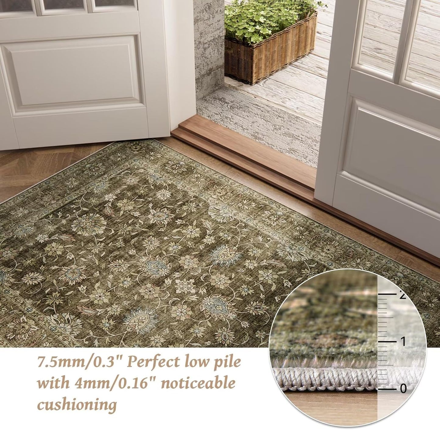 Washable 10x14 Area Rugs for Living Room, Boho Non-Slip Silicone Backing Rugs for Bedroom Dining Room Office, 0.3" Neutral Oriental Throw Carpet with 0.16" Cushioning Pad, Flaxen/Multi