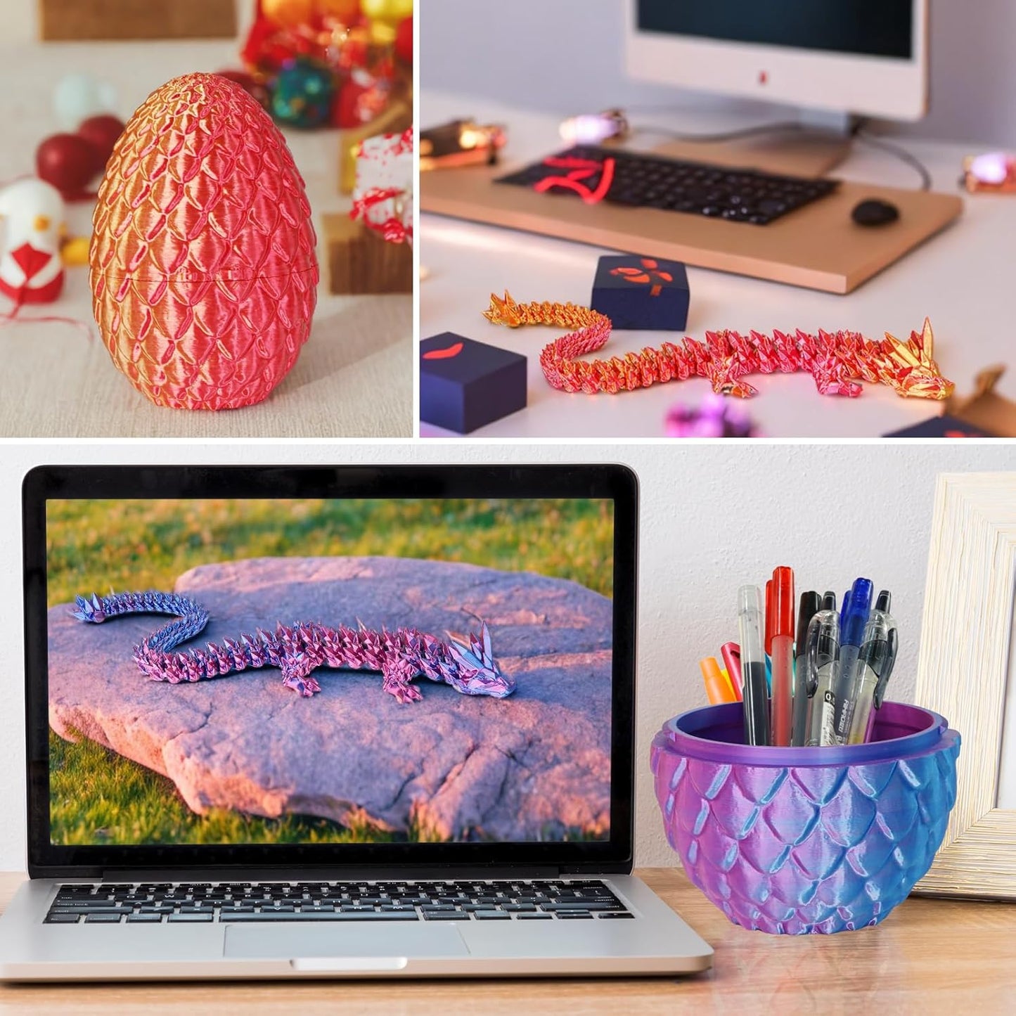 Large Dragon Eggs with Dragon Inside, 3D Printed Surprise Funny Gifts for Kids, Articulated Dragon Fidget Toys for Adults, Executive Desk Toys Office Room Dรฉcor (Gradient Light Purple-Red)