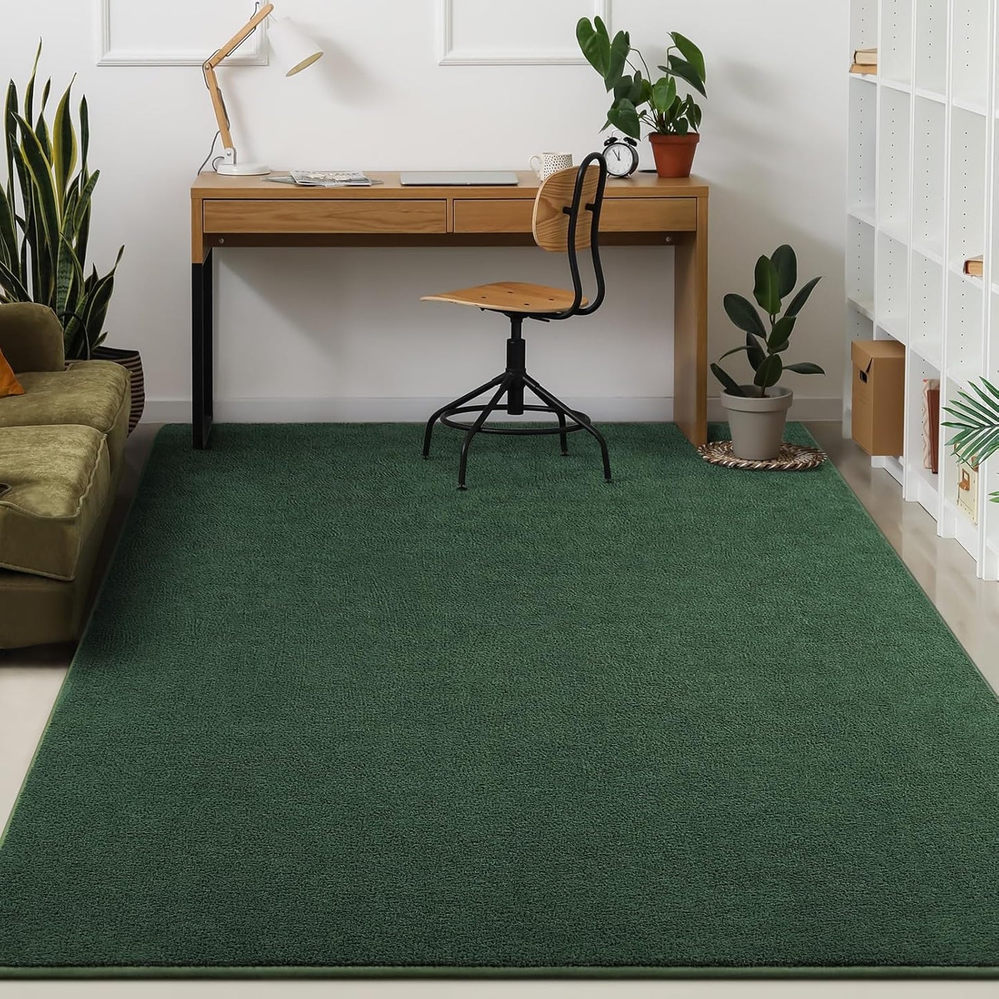 Kimicole 4x6 Washable Area Rugs for Bedroom Living Room, Low Pile Ulta-Thin Solid Color Rug, Non-Slip Soft Fluffy Carpet for Nursery Kids Room Dorm Room Home Decor (Dark Green)