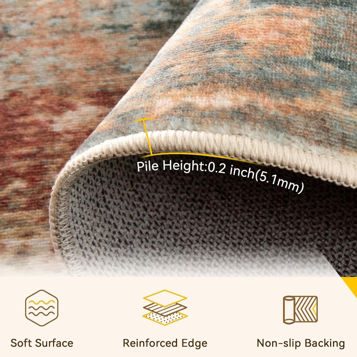 Washable Area Rugs 2'x8' Non-Slip Modern Abstract Soft for Living Room Entryway Bedroom Nursery, Print Pattern, Brown Rust Red Multi