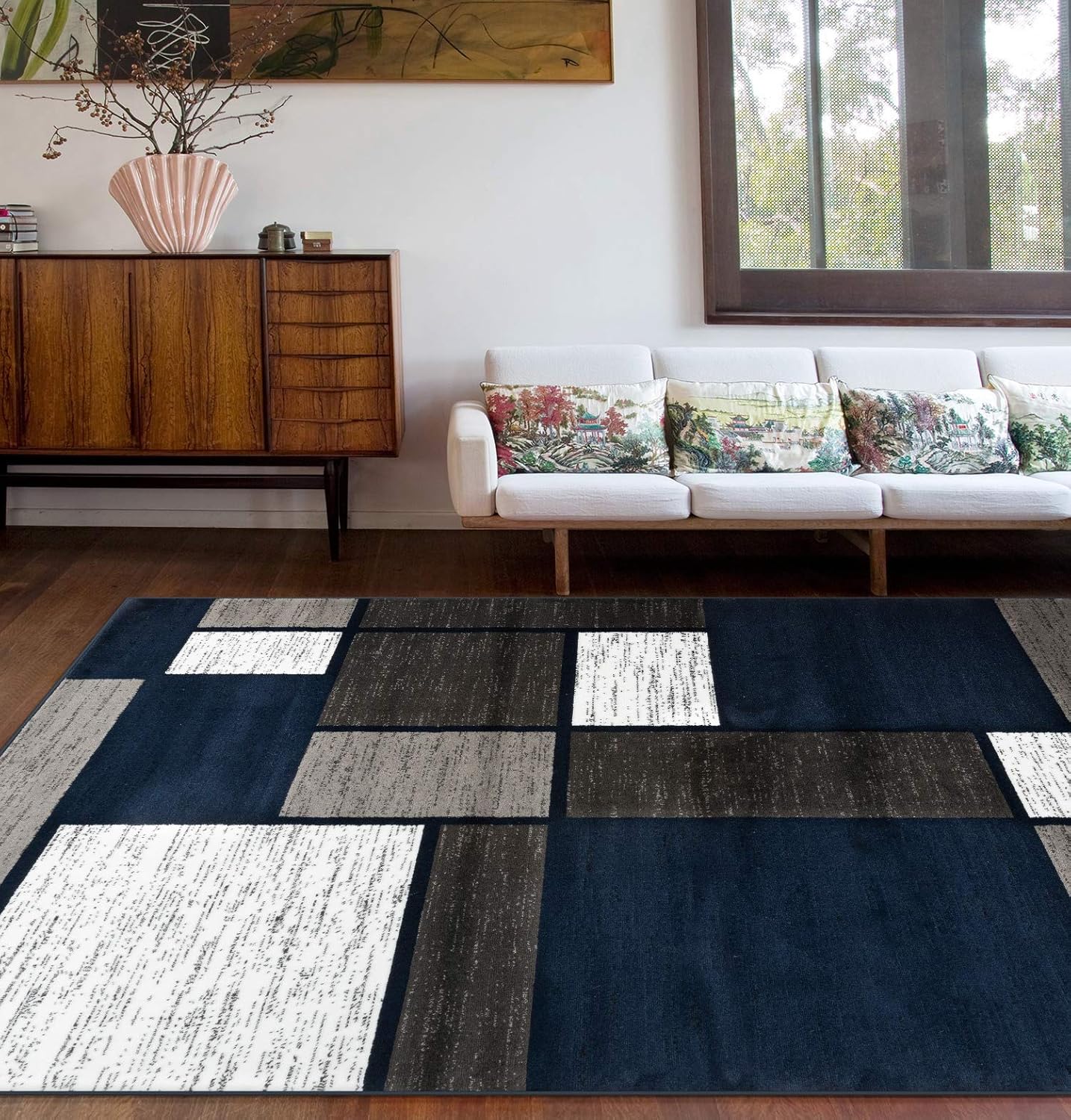 Rugshop Contemporary Modern Boxes Area Rug 9' x 12' Navy