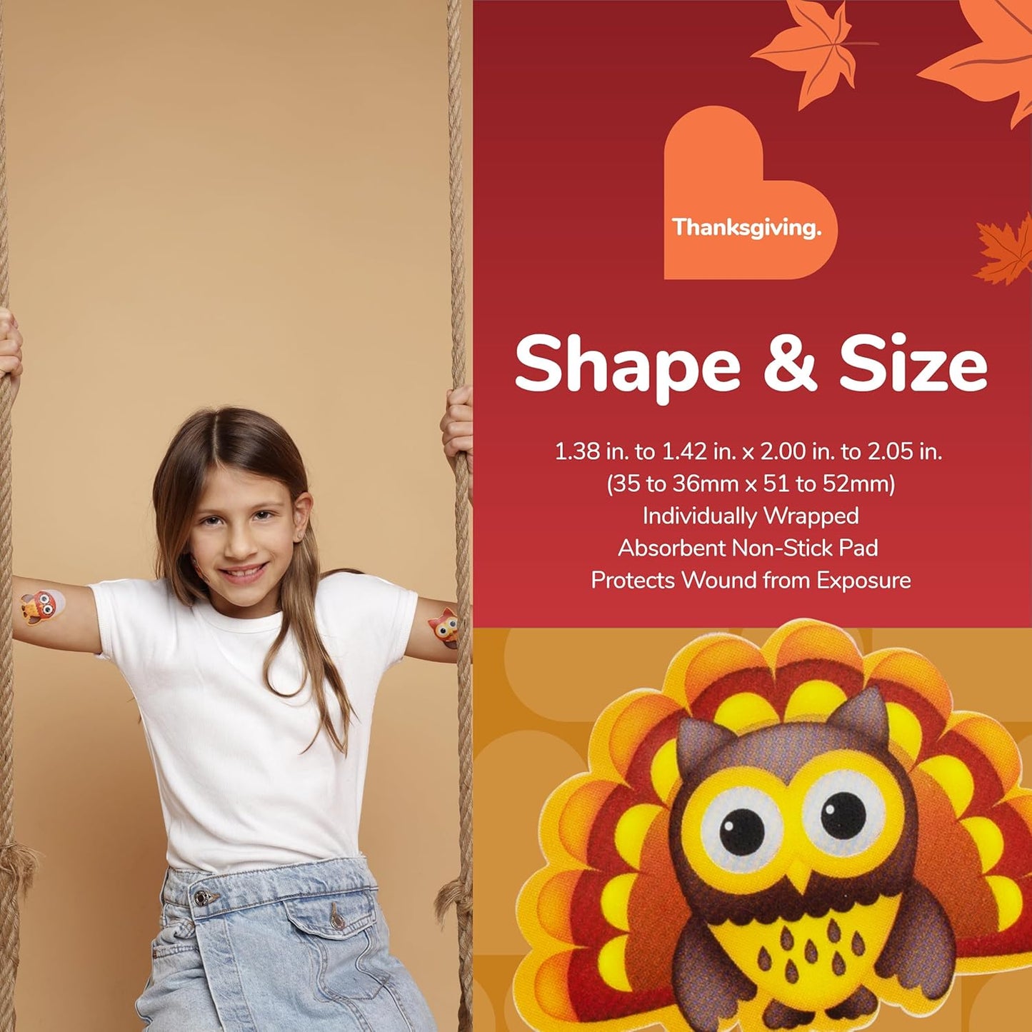 BioSwiss Bandages, Thanksgiving Shaped Self Adhesive Bandage, Latex Free Sterile Wound Care, Fun First Aid Kit Supplies for Kids and Adults, 24 Count