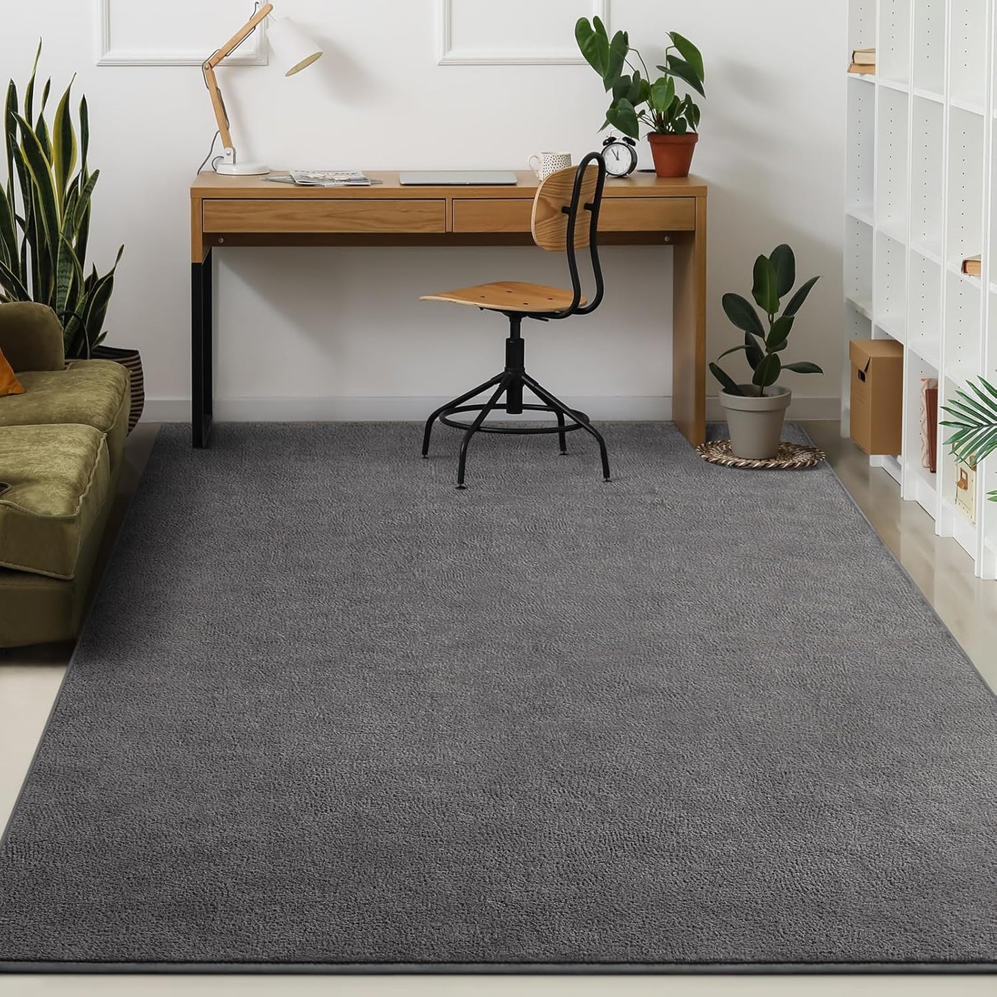 Kimicole 6x9 Washable Area Rugs for Living Room Bedroom, Large Low Pile Ulta-Thin Solid Color Rug, Non-Slip Soft Fluffy Carpet for Nursery Kids Room Dorm Room Home Decor (Deep Grey)