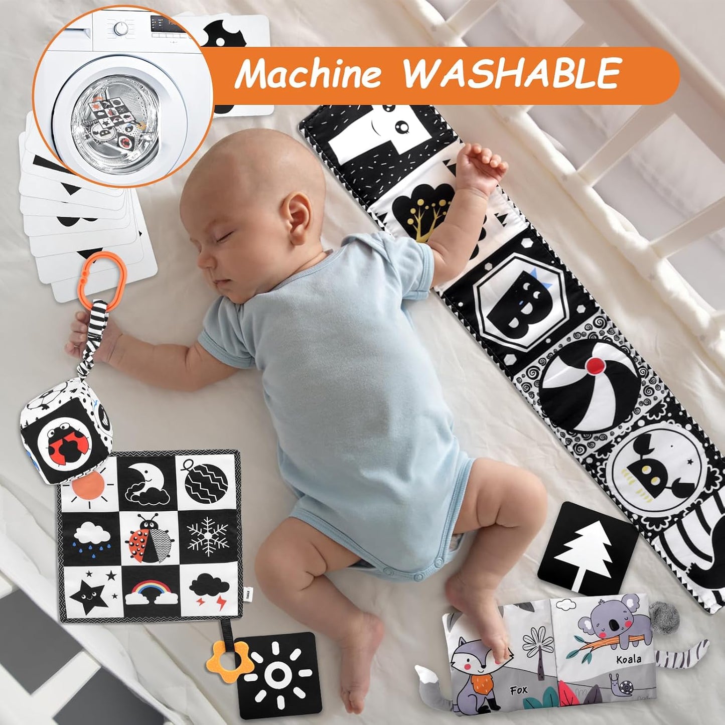 5 in 1 Black and White High Contrast Baby Toys 0-3 Months for Newborn, Tummy Time Toys Montessori Toys for Babies 0 3 6 9 Months - Infant Sensory Soft Book Toys for Babies Girls Boys Baby Gifts