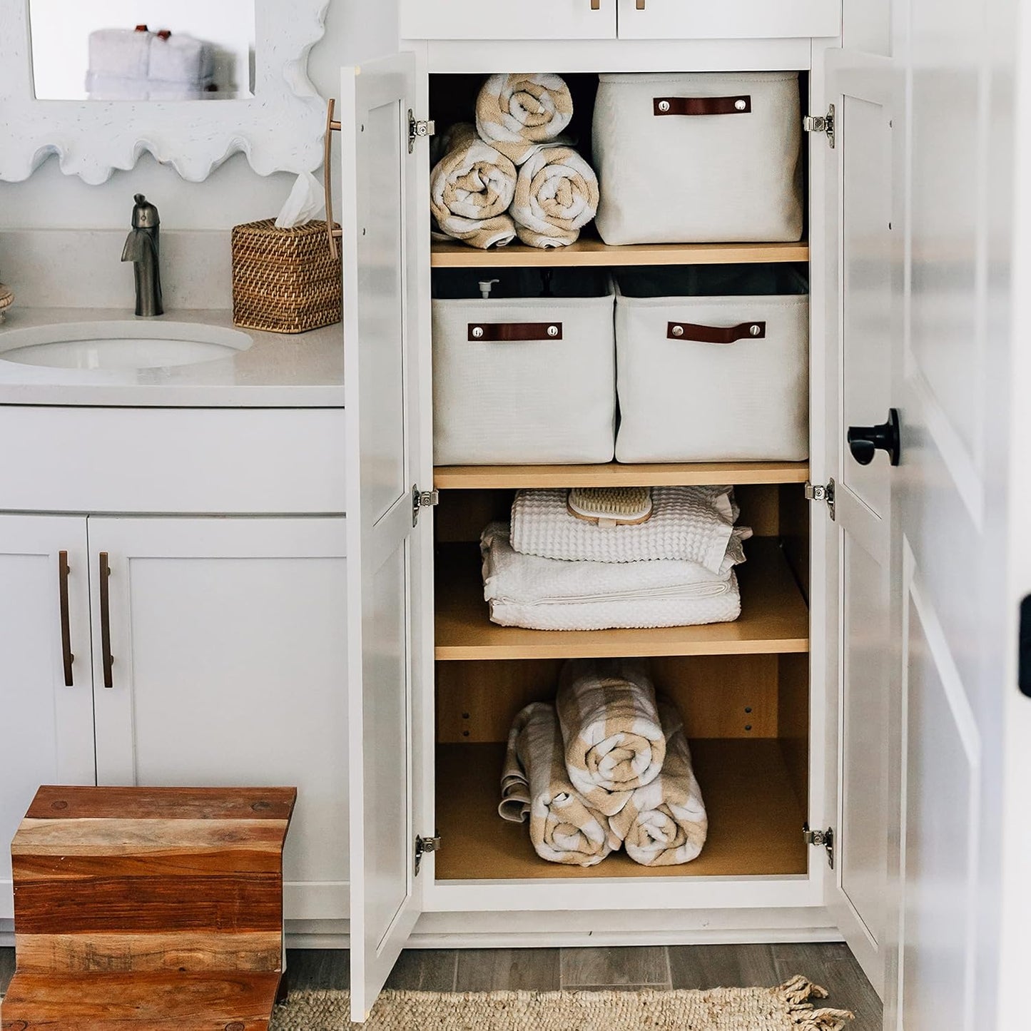 OrganiHaus Large Fabric Storage Baskets for Shelves 3 Pack | 15x11 inches Closet Bins Cloth Cubes Linen Organizers Basket - White Basket