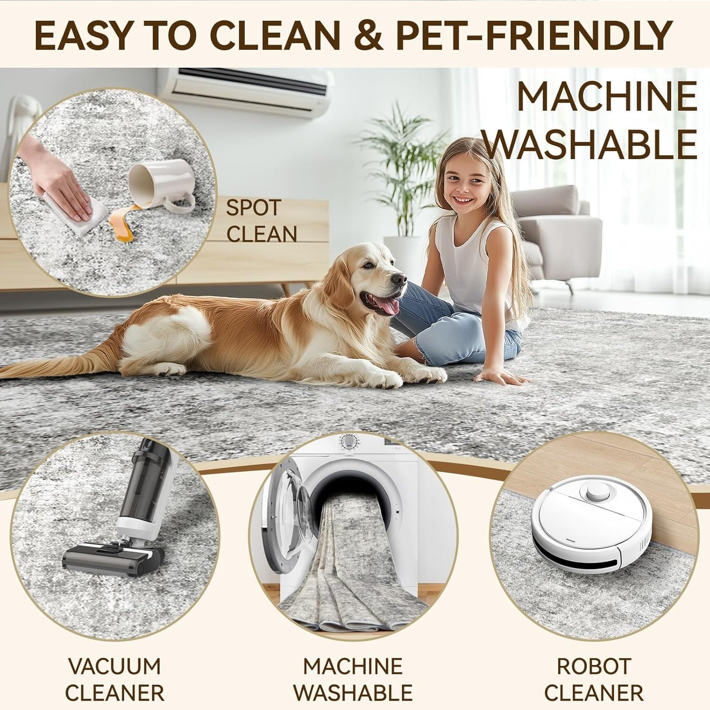 Washable Area Rugs 4'x6' Non-Slip Modern Abstract Soft for Living Room Entryway Bedroom Nursery, Print Pattern, Gray White Grey