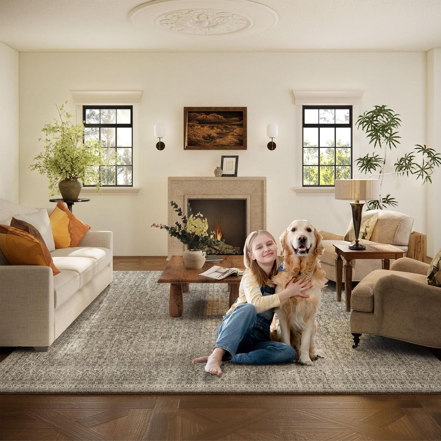 Washable Area Rugs for Living Room: 9x12 Bedroom Rug Vintage Large Rugs Stain Resistant Non Slip Low Pile Soft Lightweight Carpet for Kitchen Dining Room Farmhouse Nursery Kids Room