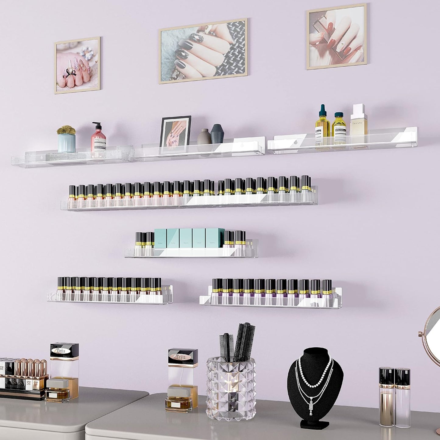 8 Pack 15 Inch Clear Acrylic Shelves, Clear Kids Floating Bookshelf for Kids Room, Modern Nail Polish Rack Sunglasses Essential Oil Picture Ledge Display Toy Storage Wall Shelf