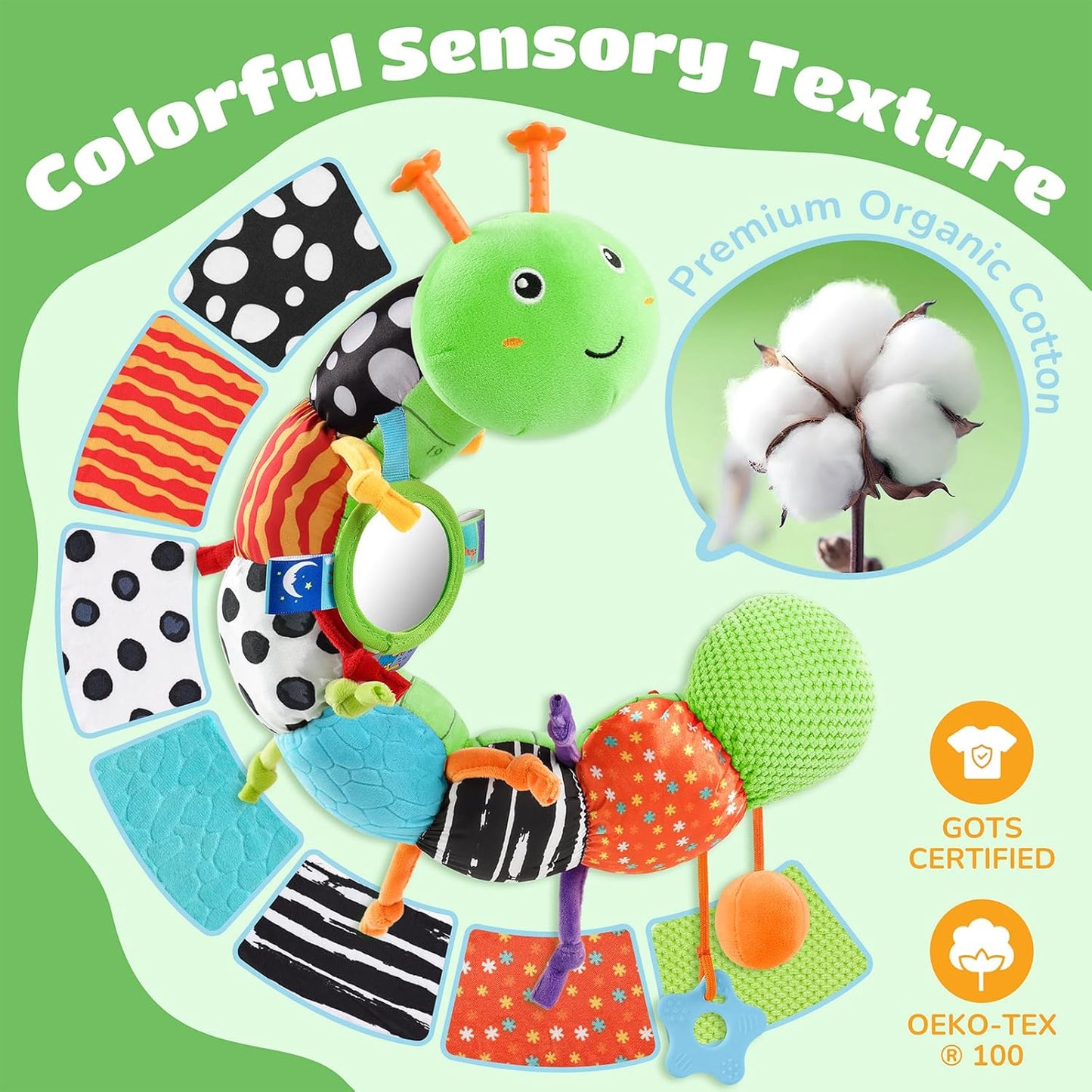 Baby Toys 6-12 Months Music Caterpillar Infant Toys Stuffed Animals 0-3-6 Months Tummy Time Teething Sensory Toys with Mirror Rattle&Pull String for Boys Girls Birthday Gifts|Green,Knot Limb