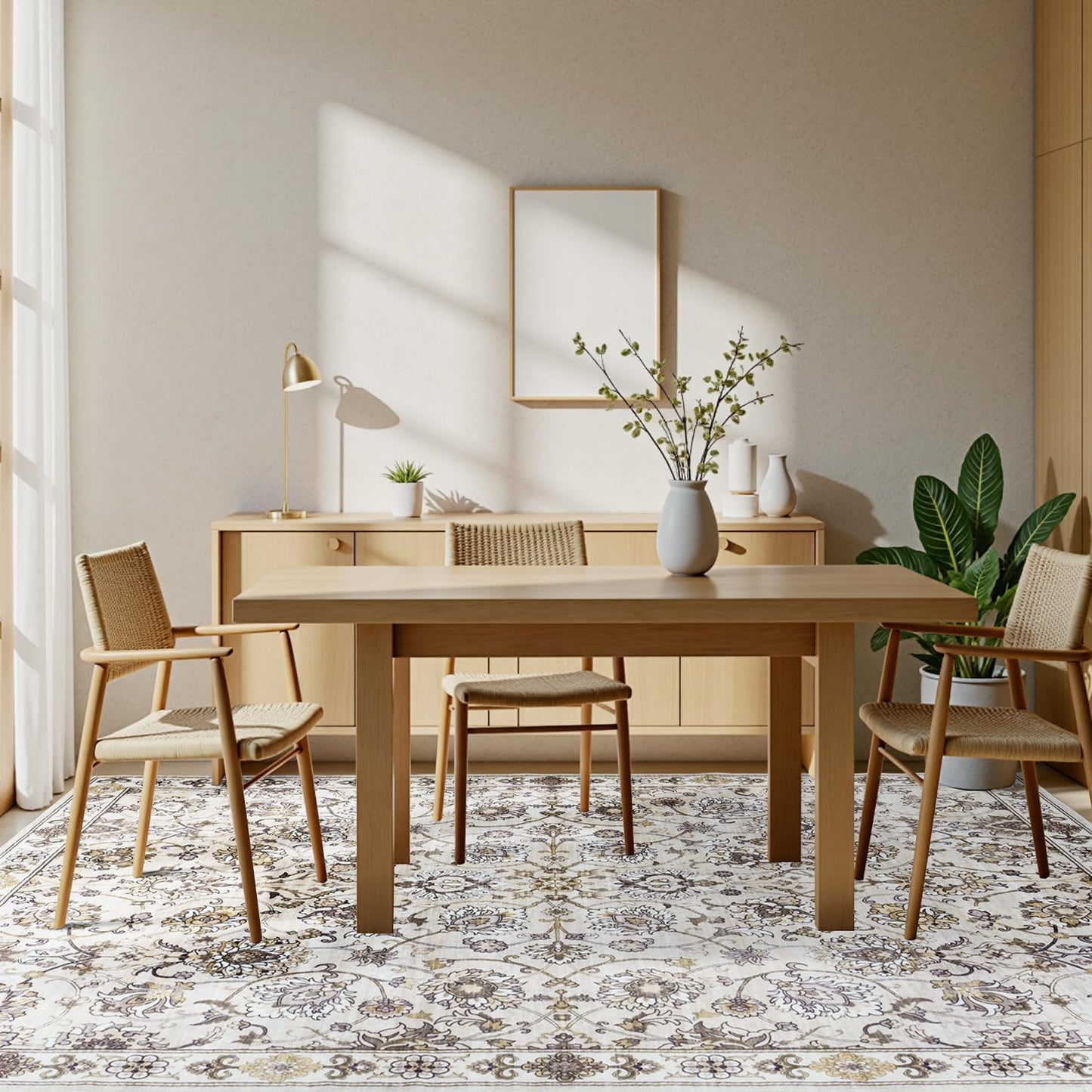 9x12 Neutral Area Rug for Living Room, Washable Large Rugs, Vintage Floral Soft Carpet, Non Slip & Low Pile, Wool Carpets for Indoor Bedroom Dining Home Playroom Office Under Table, Beige