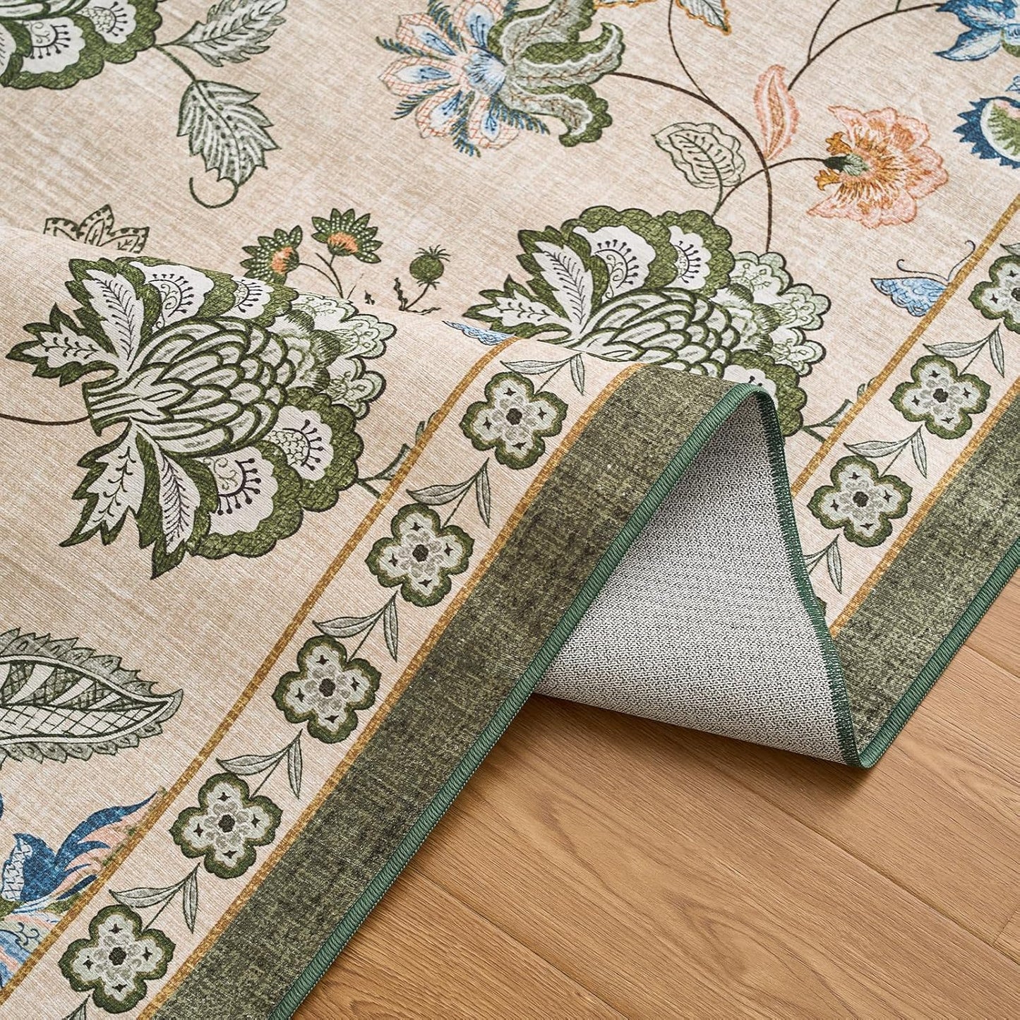 jinchan 4ft Floral Round Rug for Entryway Washable Kitchen Rug Vintage Romance Design Non Slip Indoor Doormat Lightweight Low-Profile Throw Carpet for Living Room Dining Room Bedroom, Green/Beige