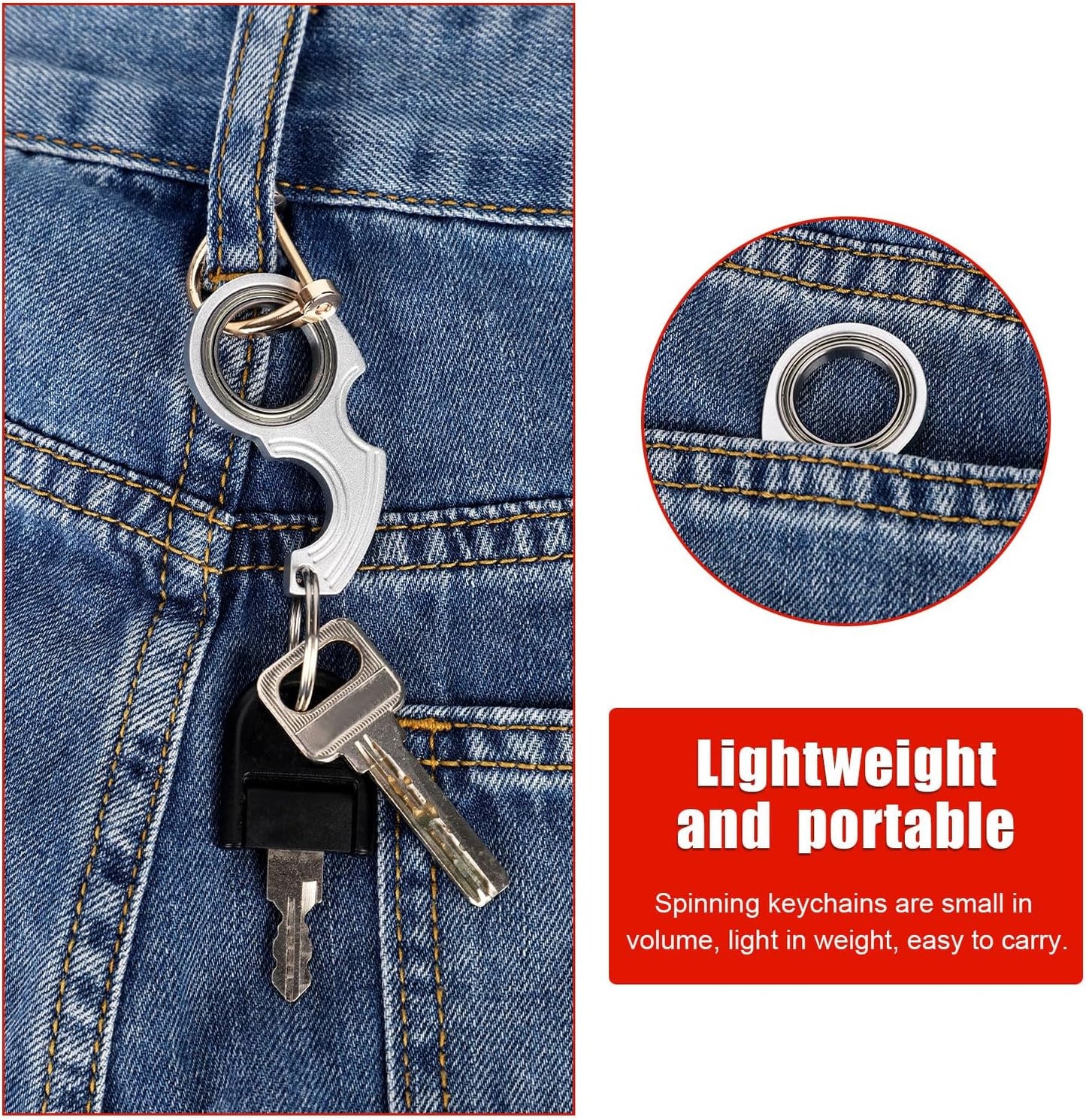 2pcs Key Chain Spinner Toys 0.67" Inner Diameter with 2pcs Key Rings, Finger Fidget Keychain Key Ring Spinner Toy Gifts for Kids Adults Finger Exercising Anxiety Relief (Silver, Red)
