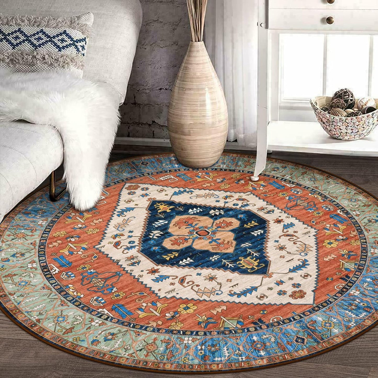 Lahome Boho Washable 5Ft Round Area Rug, Non-Slip Throw Untra-Thin Round Carpet, Oriental Vintage Distressed Circle Rug for Dining Living Room Bedroom Kitchen Office, 5x5/Rust