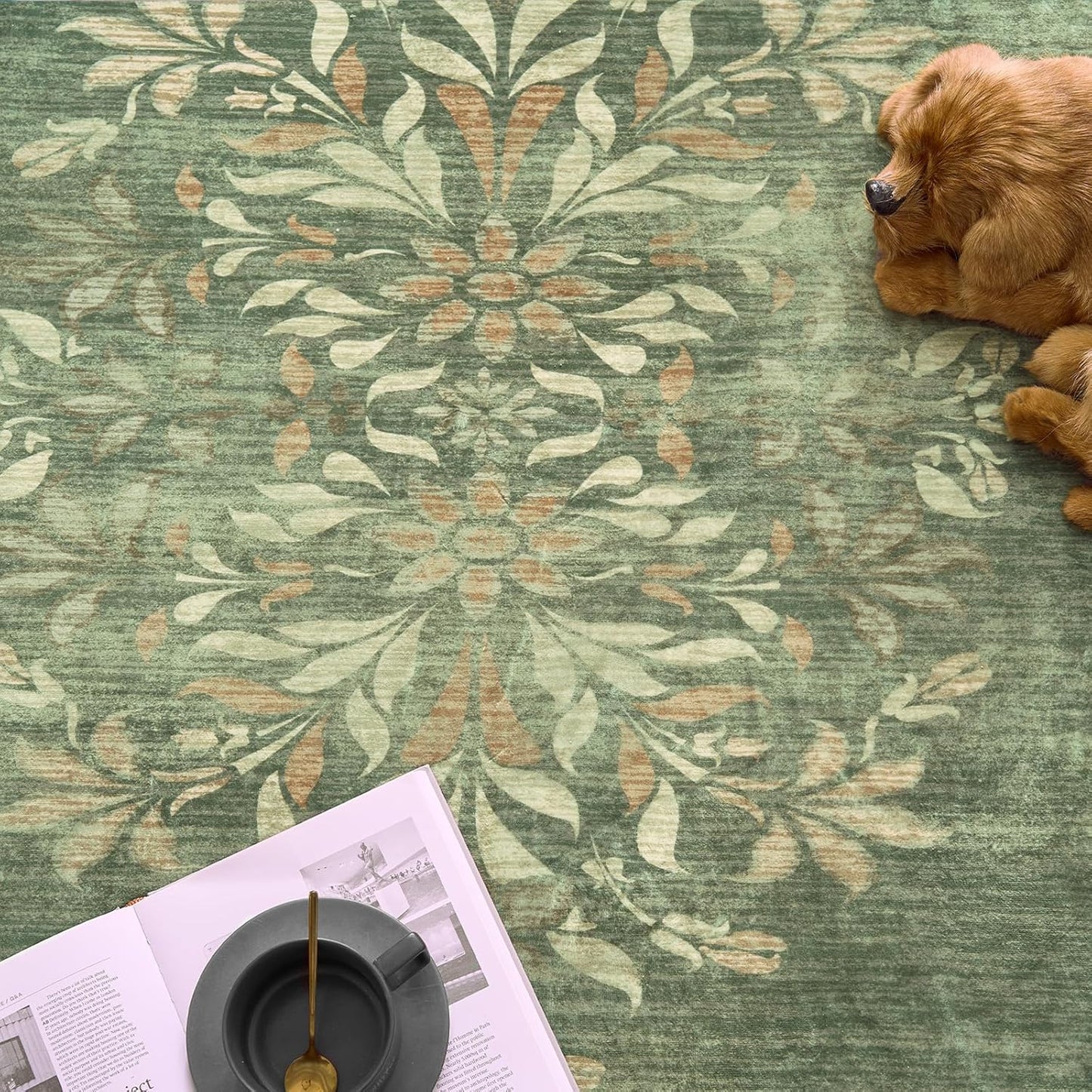 jinchan Round Rug 4ft Area Rugs Vintage Floral Distressed Design,Machine Washable Soft Non-Slip Low-Pile Ultra-Thin Circle Rug for Entryway Bedside Living Room Kitchen Nursery (4' Round,Dark Green)