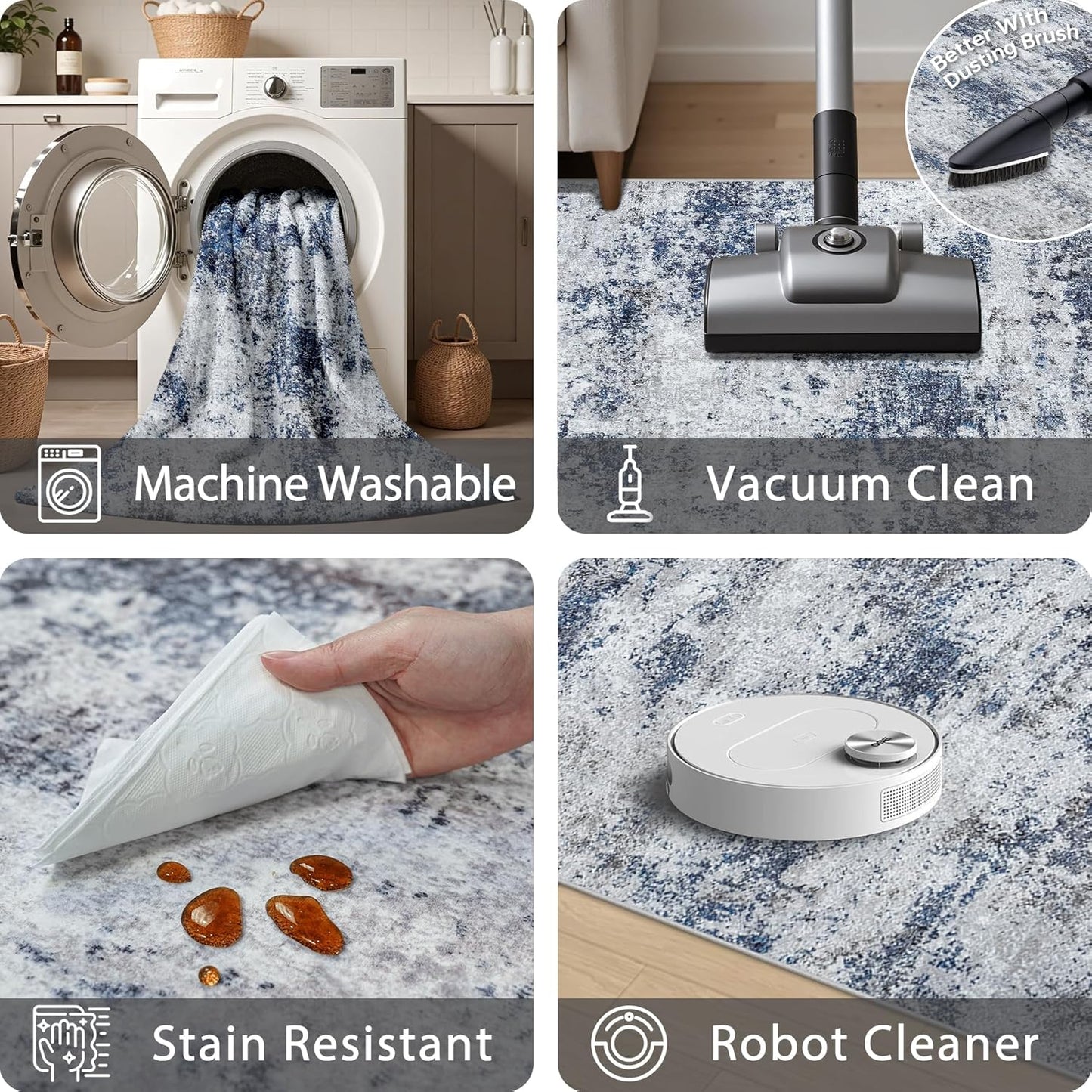 Area Rug 9x12 Washable Rugs: Abstract Large Living Room Rugs with Non-Slip Backing, Stain Resistant Indoor Floor Carpet for Bedroom Dining Room Table Nursery Hallway Home Office Blue/Gray/Black