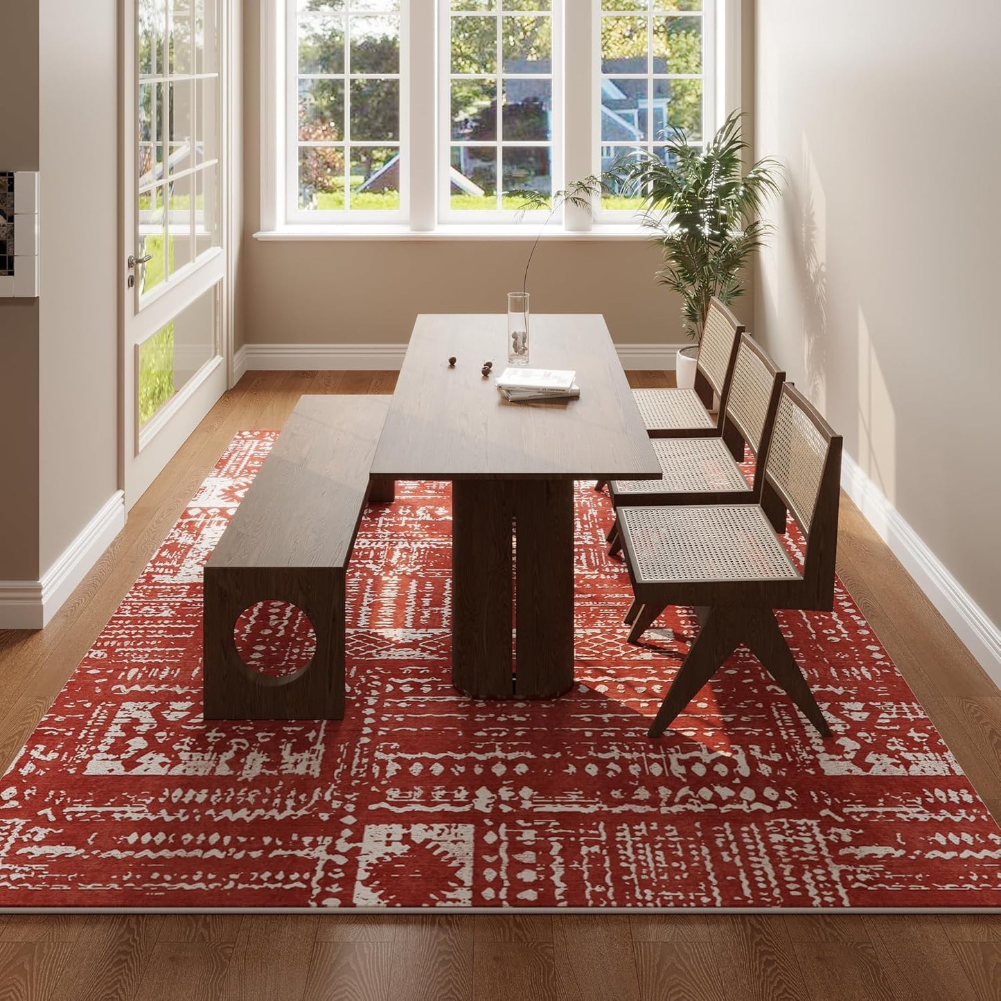 Living Room Rug 5x7 Rug Machine Washable Boho Area Rug Non Slip Moroccan Vintage Low Pile Large Rugs for Living Room, Bedroom, Farmhouse, Dining Room, Kids Playroom(Terracotta)