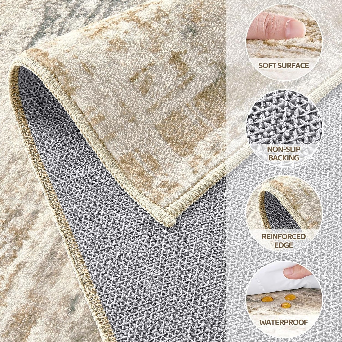 Area Rug for Living Room: 9x12 Washable Neutral Abstract Modern Soft Rugs Non Slip Indoor Floor Stain Resistant Large Carpet for Bedroom Dining Room Office Nursery - Golden Brown