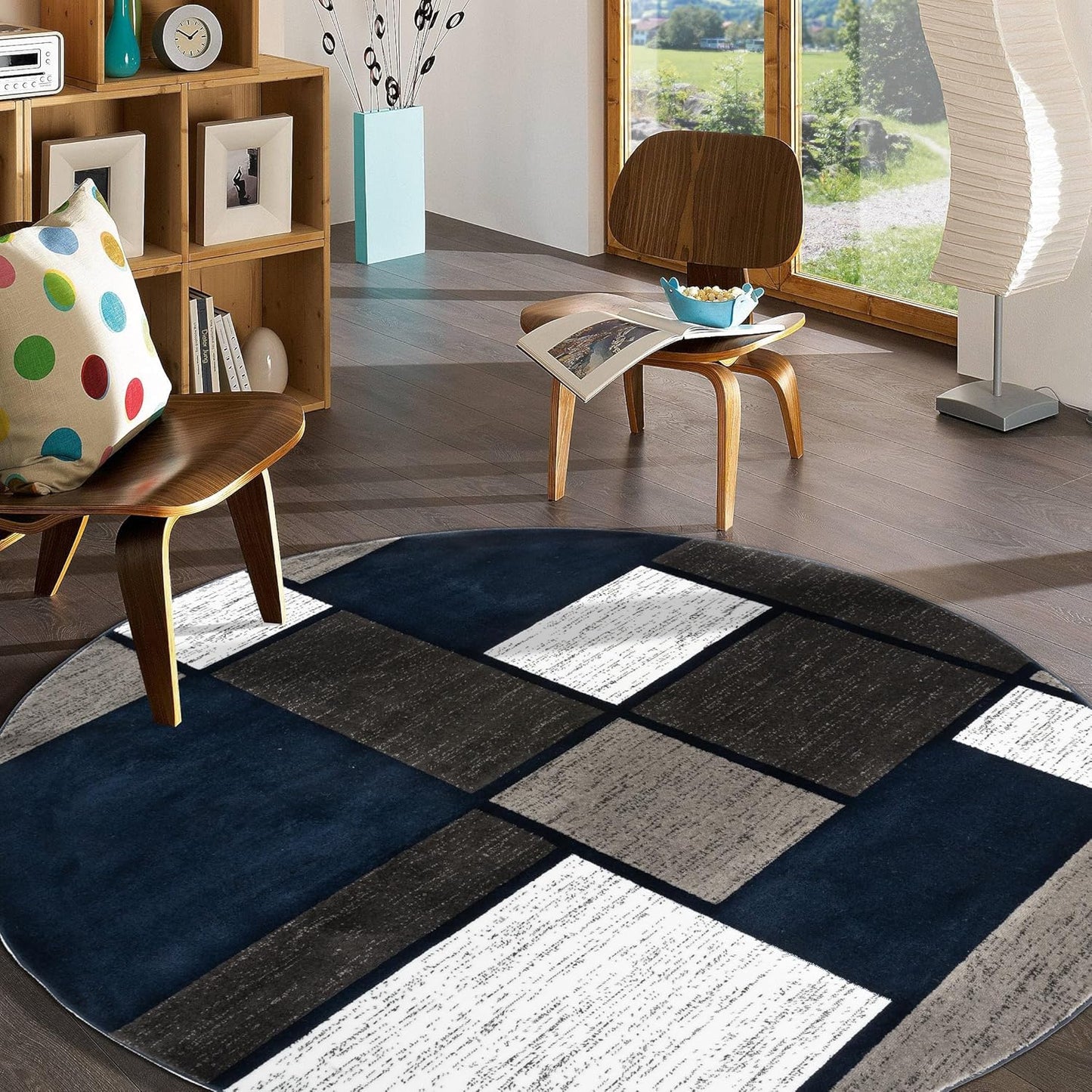 Rugshop Contemporary Modern Boxes Area Rug 6' 6" Navy (6' 6" Diameter)