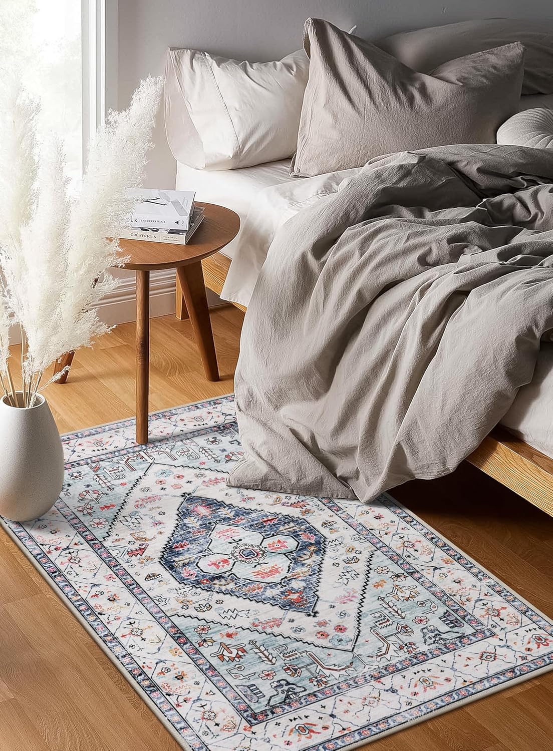 Lahome Boho Round Rug - 8Ft Washable Area Rug, Non-Slip Small Bathroom Rug, Lightweight Bedroom Throw, Oriental Distressed Print Carpet for Entryway, Sofa, Nursery, Kids Room