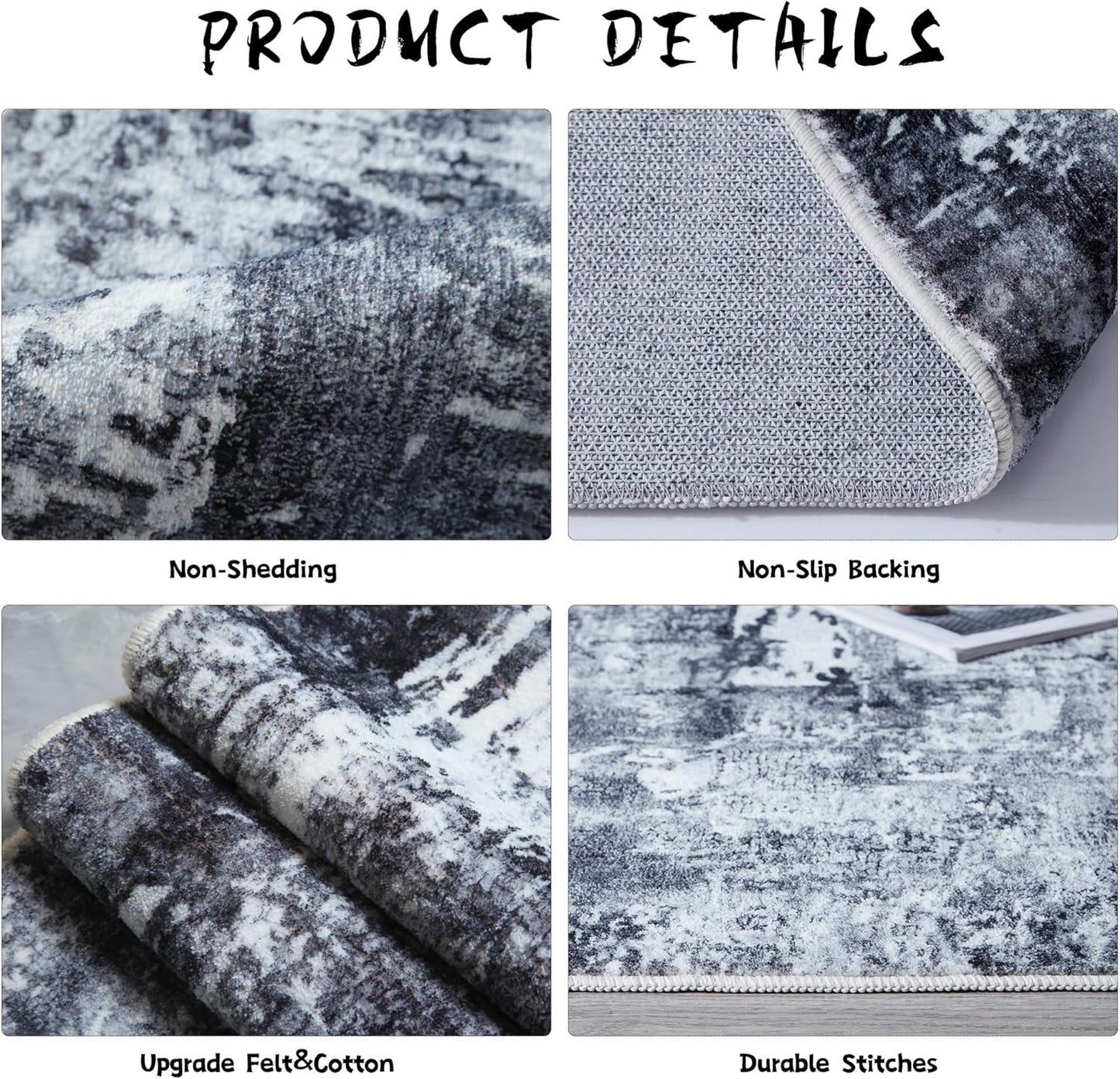 Runner Rug 2x6 Hallway Rugs Washable Boho Rug Soft Area Rug Abstract Pattern Non-Slip Faux Wool Vintage Rug for Kitchen, Entryway, Laundry, Bedroom, Grey and Black