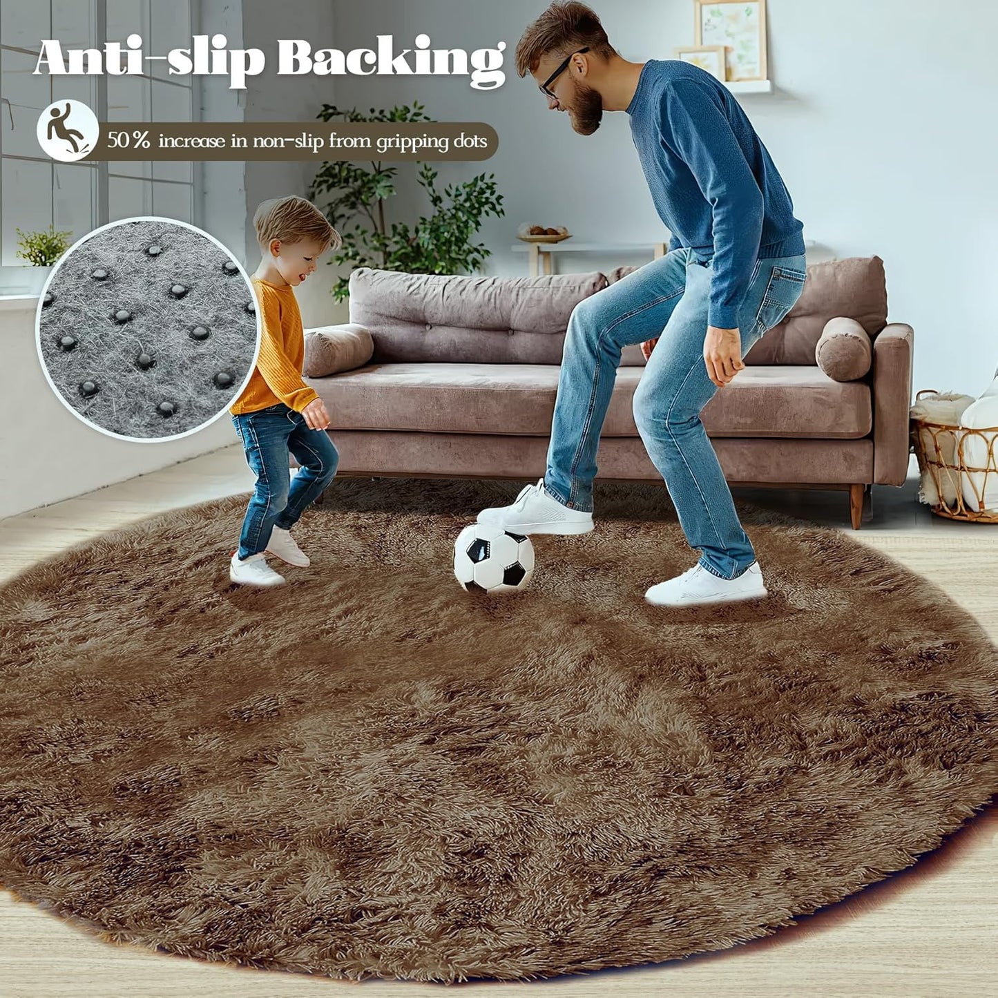 4FT Round Rug for Bedroom: Fluffy Shag Soft Washable Rugs Circle Small Fuzzy Plush Indoor Carpet for Living Room Nursery Playroom Dorm Kids Girls Boys Room (Coffee, 4'x4')