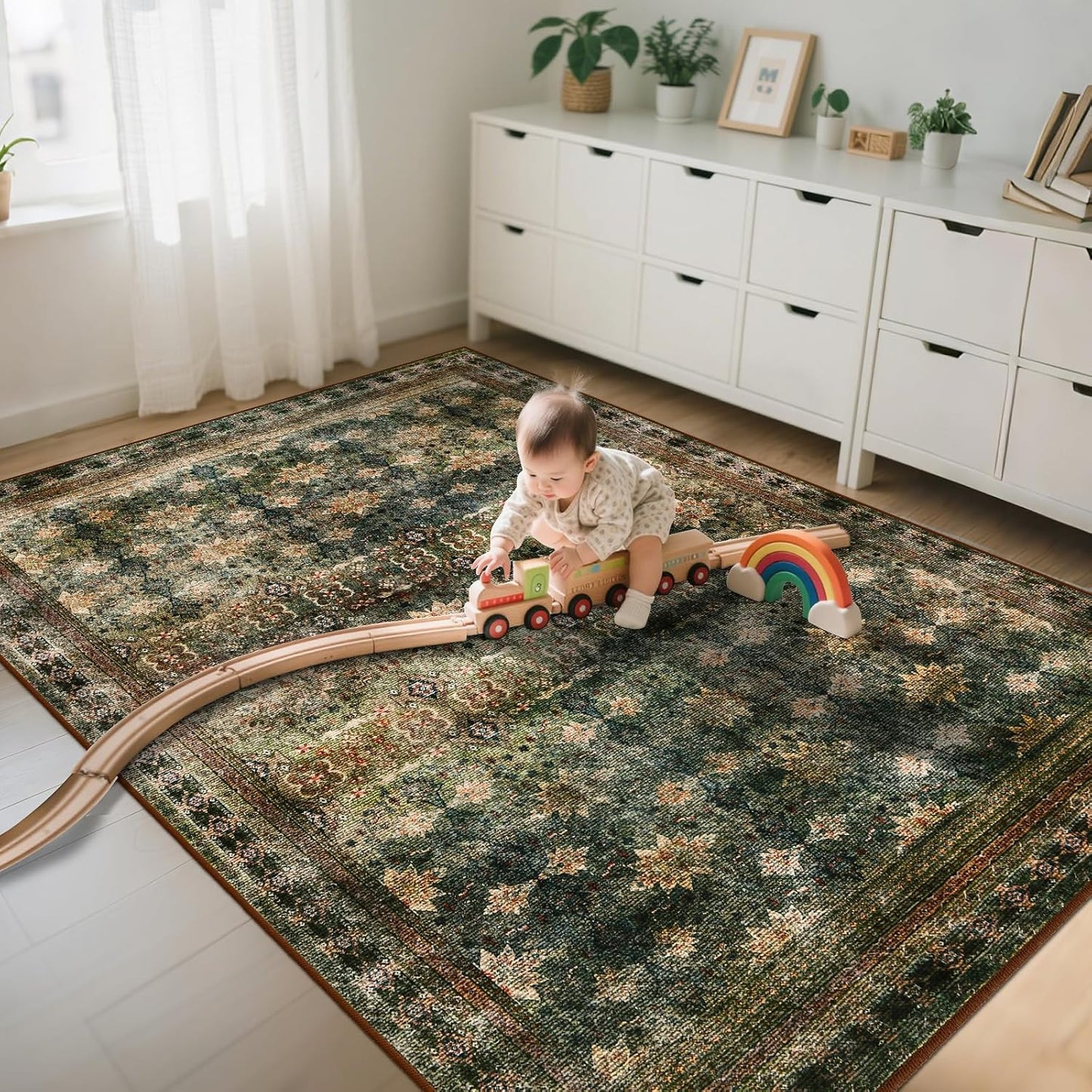 6x9 Washable Area Rug Non Slip, Thin Vintage Floral Living Room Rug Low Pile, Indoor Large Distressed Print Carpet for Bedroom, Dining Room, Farmhouse, Home Office, Dorm(Dark Green/Brown/Multi)