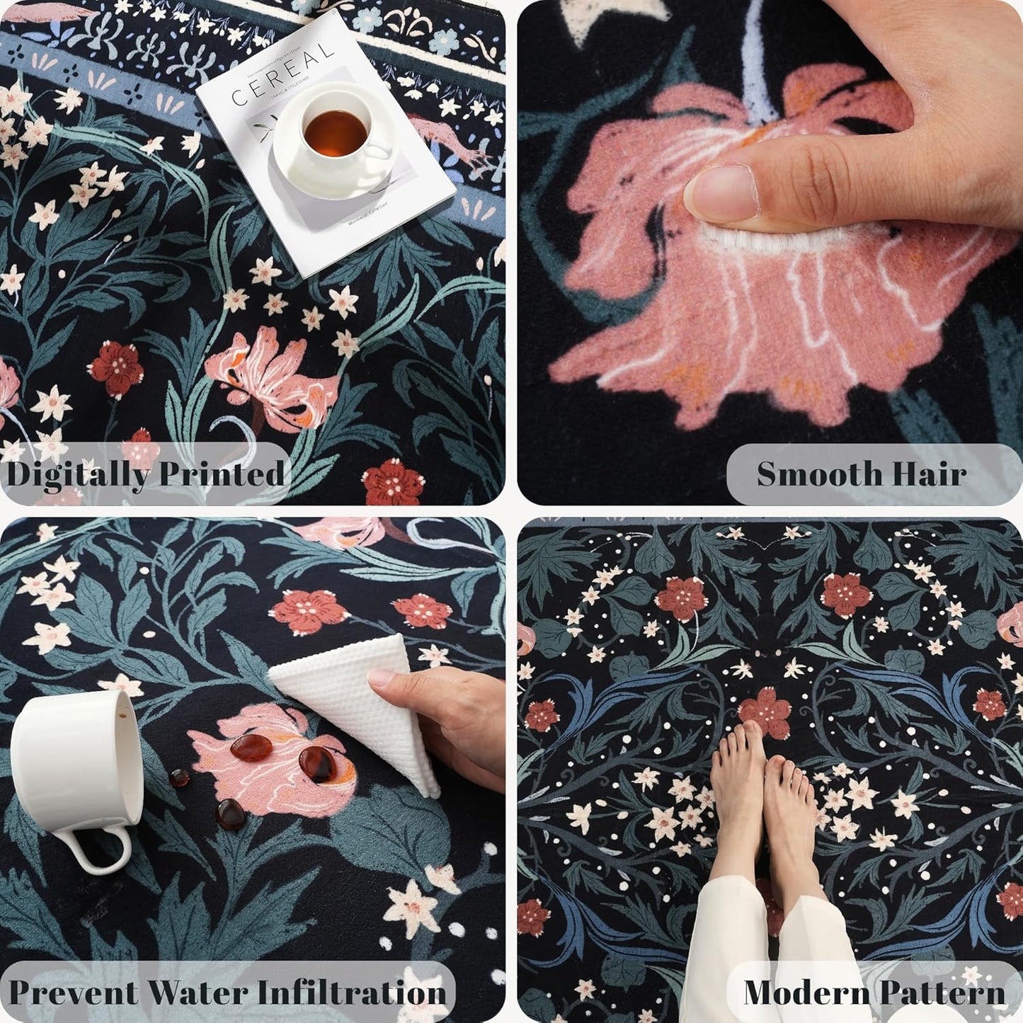 Runner Rug for Kitchen Rug Non Slip 2'6"x8' Washable Rugs with Rubber Backing Soft Vintage Floral Botanical Carpet Runner for Kitchen, Laundry, Bedroom, Bathroom, Black