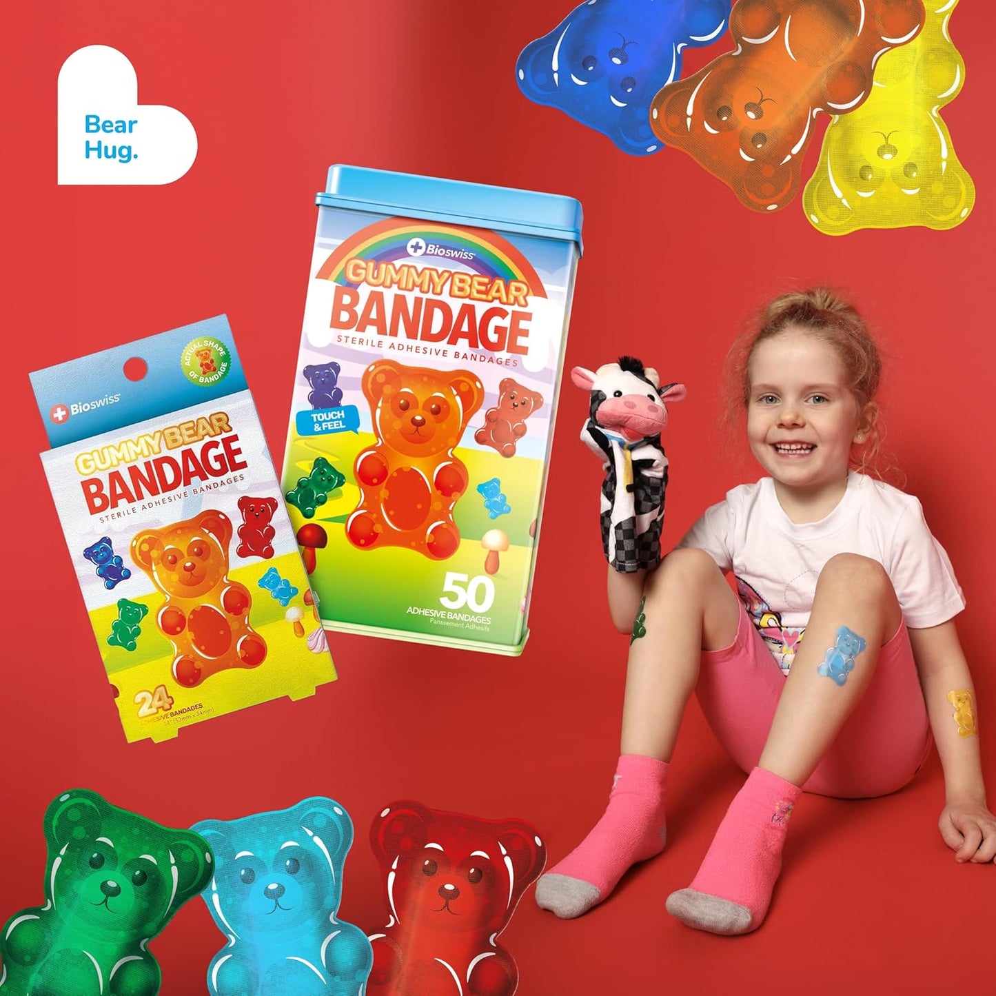 BioSwiss Bandages, Gummy Bear Shaped Self Adhesive Bandage, Latex Free Sterile Wound Care, Fun First Aid Kit Supplies for Kids, 50 Count