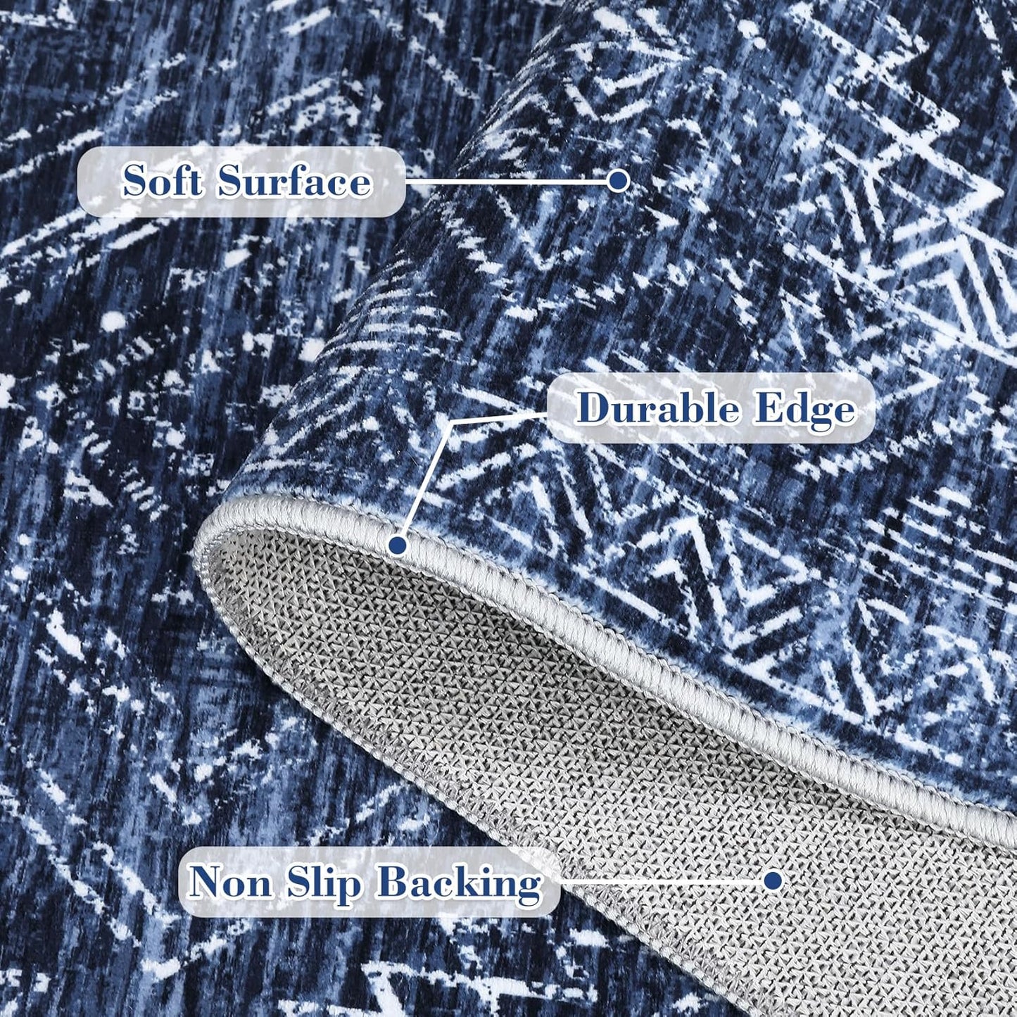 COZYLOOM Area Rug 5x7 Washable Rug for Living Room Bedroom Playroom Nursery Vintage Non Slip Low Pile Soft Throw Floor Cover Geometric Tribal Foldable Indoor Carpet, Blue