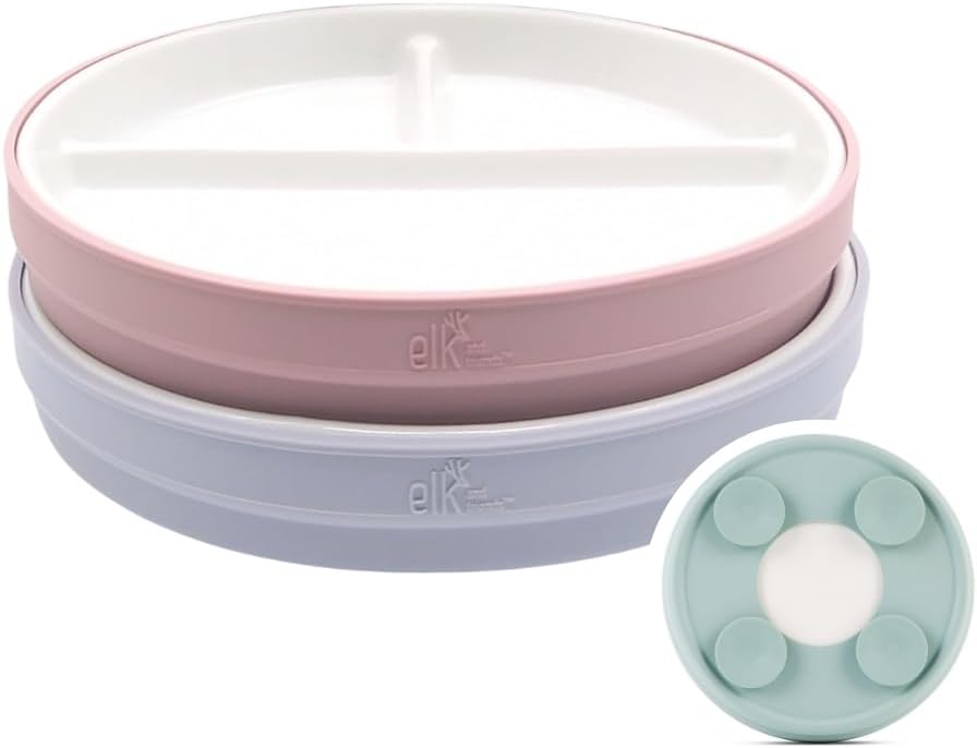 Elk and Friends Kids 7.8” Porcelain Divided Plates with Silicone Suction Sleeves | Suitable for Kids/Toddlers | Microwave & Dishwasher Safe | Non Slip | Snack Dishes | 2 Pack