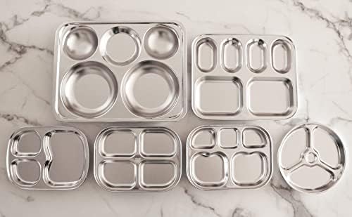 Korean Stainless Steel Divided Plates, Food Grade 304 Tray Large Size for Adults, Teens, Picky Eaters, Campers, BPA Free, Diet Portion Control, Serving Platter, Dinner Snack, Set of 2