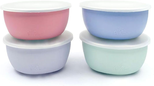 Elk and Friends Stainless Steel Bowls + Silicone Sleeve and Storage Lid | Baby, Toddler, Kids | Cereal & Snack Bowls | Storage Containers | Dishwasher Safe | 4 Pack
