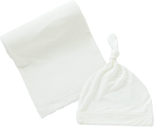 iEvolve Cotton Knitted Baby Swaddle Blanket with Hat Headband Set Newborn Swaddle Wrap Receiving Blankets for Baby Girl Boy 35" x 35"(White)