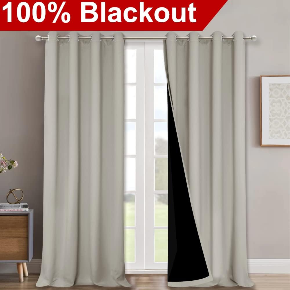 NICETOWN Full Shading Curtains 90 inches Long 2 Panels Set for Windows, Super Heavy-Duty Black Lined Blackout Curtains for Bedroom, Privacy Assured Window Treatment (Natural, Pack of 2, 52 inches W)