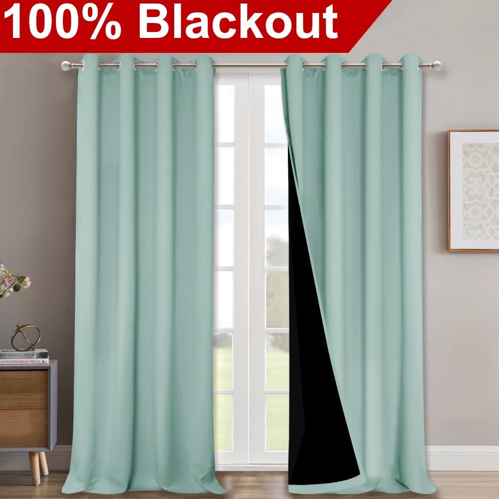 NICETOWN 100% Blackout Blinds, Set of 2, 46" x 96", Aqua Blue, Laundry Room Decor Window Treatment Curtains for Large Patio Sliding Door, Thermal Insulated Curtains for Bedroom