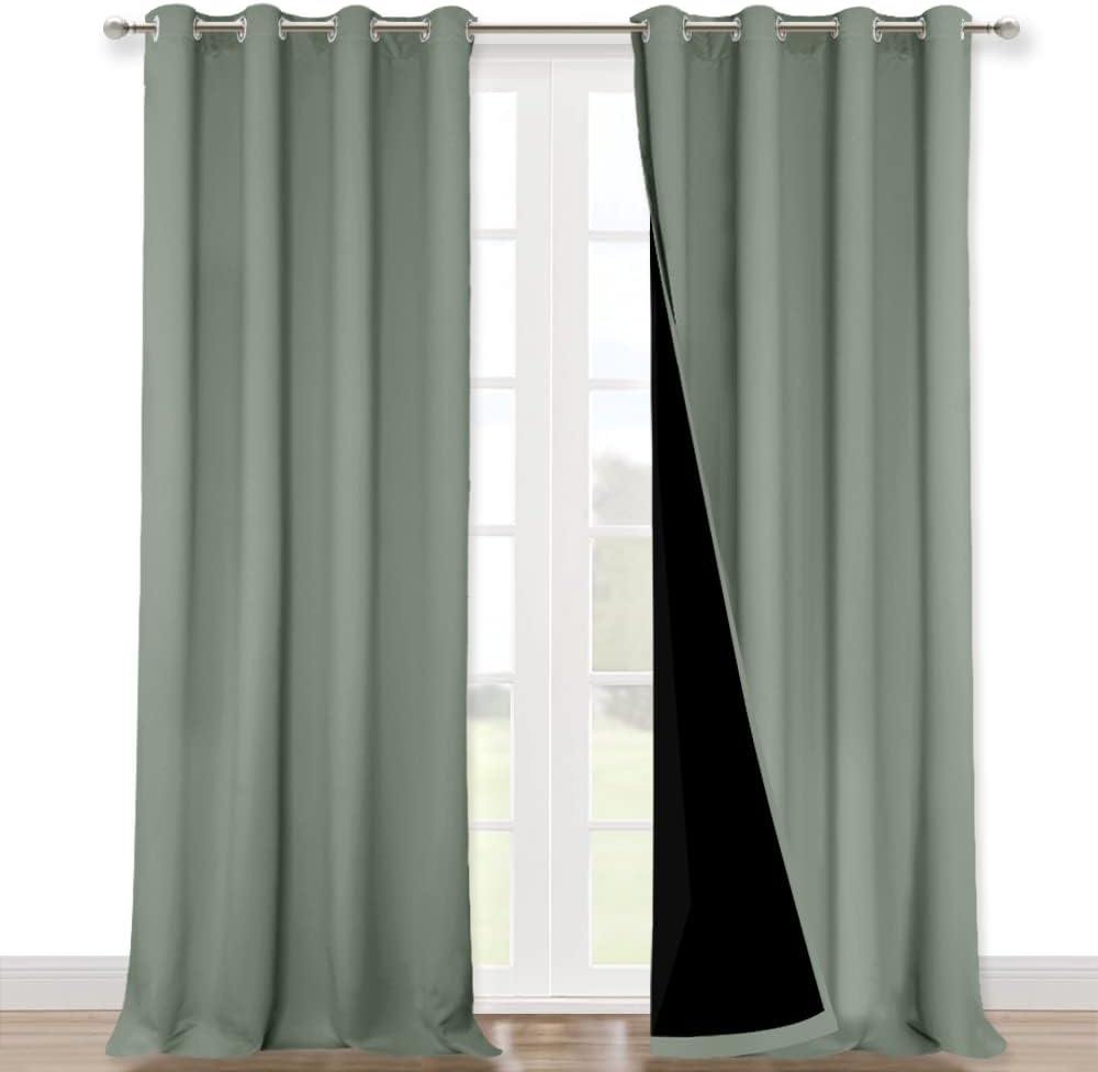 NICETOWN 100% Blackout Window Curtain Panels, Heat and Full Light Blocking Drapes with Black Liner for Nursery, 120" Drop Thermal Insulated Draperies (Greyish Green, 2 Pieces, 52" Wide Each Panel)