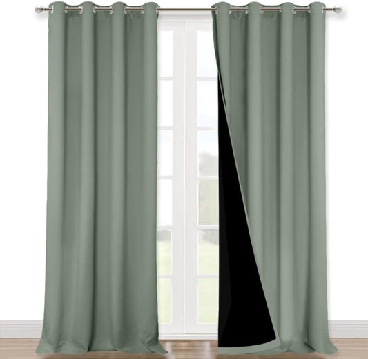 NICETOWN Full Shading Curtains 90 inches Long 2 Panels Set for Windows, Super Heavy-Duty Black Lined Blackout Curtains for Bedroom, Privacy Assured Window Treatment (Greyish Green, 52 inches W)