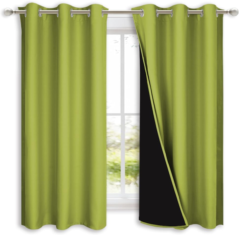 NICETOWN 100% Blackout Short Curtains with Black Liners, 2 Panels, 37" W by 50" L, Fresh Green, Solid Thermal Insulated Full Blackout 2-Layer Lined Drapes, Energy Efficiency Window Drapes for Bedroom