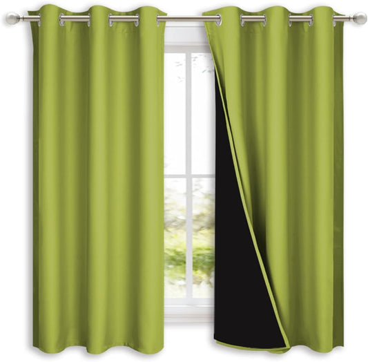 NICETOWN 100% Blackout Short Curtains with Black Liners, 2 Panels, 37" W by 50" L, Fresh Green, Solid Thermal Insulated Full Blackout 2-Layer Lined Drapes, Energy Efficiency Window Drapes for Bedroom