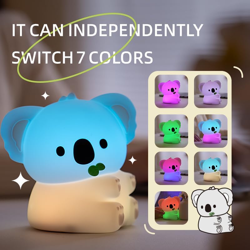 Night Light for Kids, 7 Color Changing BPA-Free Silicone Lamp with Touch Control, Eye Protection, Rechargeable Battery, Soft & Safe Nursery Lamp for Boys & Girls (Koala)