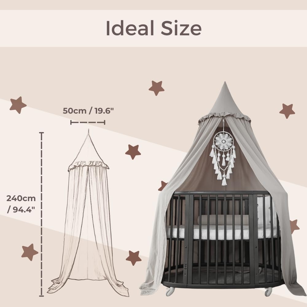 Wonder Space Kids Bed Canopy with Ruffles, Lace Frilled Cotton Tent Net, Pastel Neutral Colors for Boys & Girls, Nursery Room Baby Crib Hanging Curtain Mosquito Net Children Reading Nook Decor (Grey)