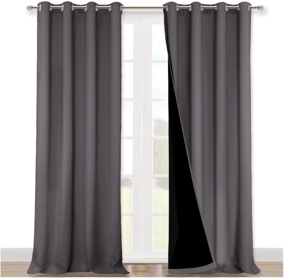 NICETOWN 100% Blackout Blinds, Laundry Room Decor Window Treatment Curtains for Large Patio Sliding Door, Thermal Insulated Grey Curtains for Bedroom, Set of 2, 52 inches x 108 inches