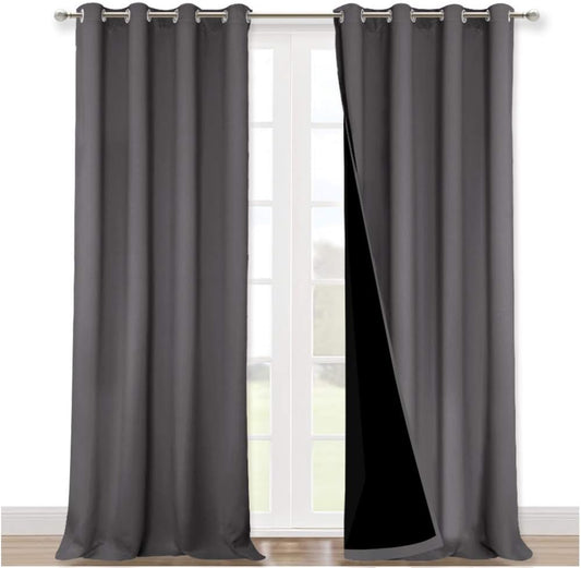 NICETOWN Total Shade Curtains and Draperies, Heavy-Duty Full Light Shading Drapes with Black Liner Backing for Villa/Hall/Dorm Window（Gray, Package of 2, 52 inches Wide x 95 inches Long