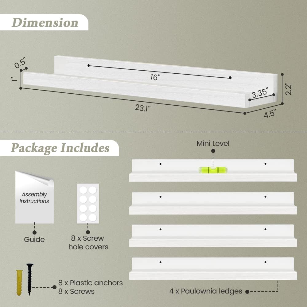 Forbena 24 Inch White Floating Shelves for Wall Set of 4, Wood Nursery Book Shelves for Kids Bedroom, Long Picture Ledge Shelf with Lip for Living Room Bathroom Office and Baby Wall Bookshelf