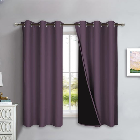 NICETOWN 100% Blackout Lined Curtains, Plum, 1 Pair, 42" Width x 63" Length Each Panel, 2 Thick Layers Completely Blackout Window Treatment Panels Thermal Insulated Drapes for Kitchen